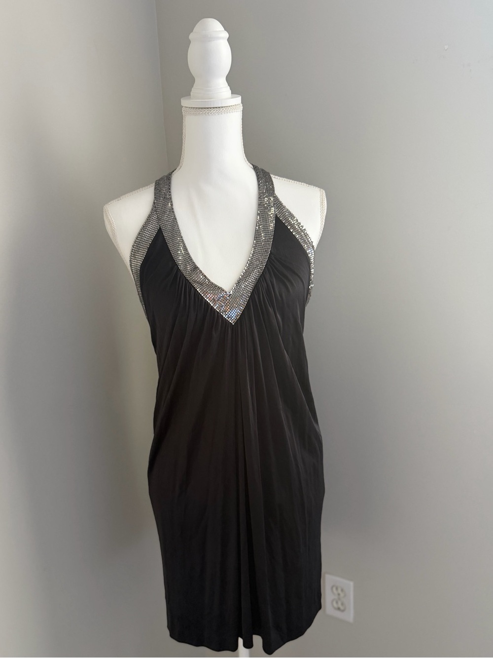BCBGMaxAzria Black Halter Dress with Silver Sequin Neckline